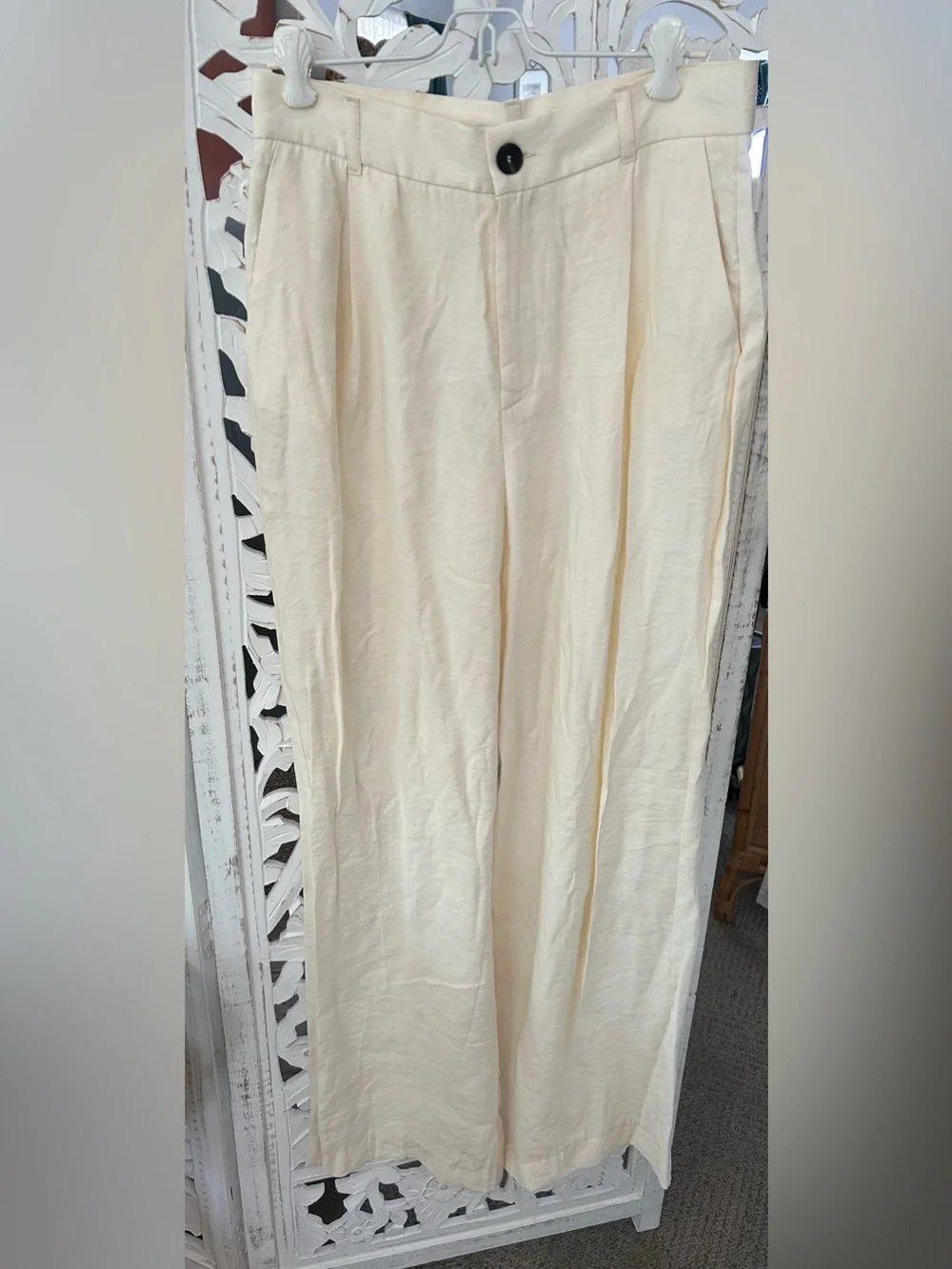Zara Cream Wide-Leg Linen-Blend Pants